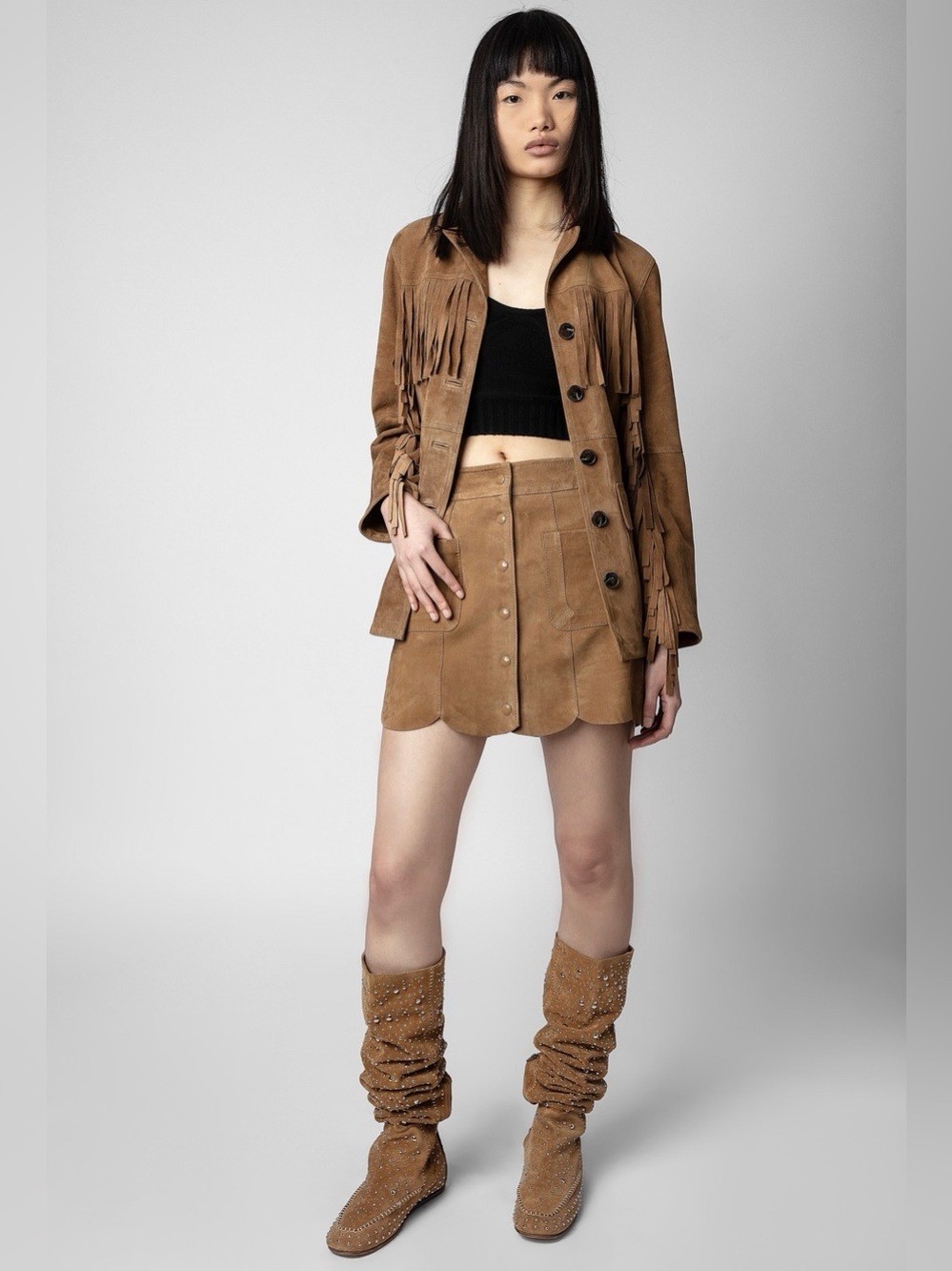 Zadig & Voltaire Jasia brown Suede Front Snap mini skirt 38 Boho Western